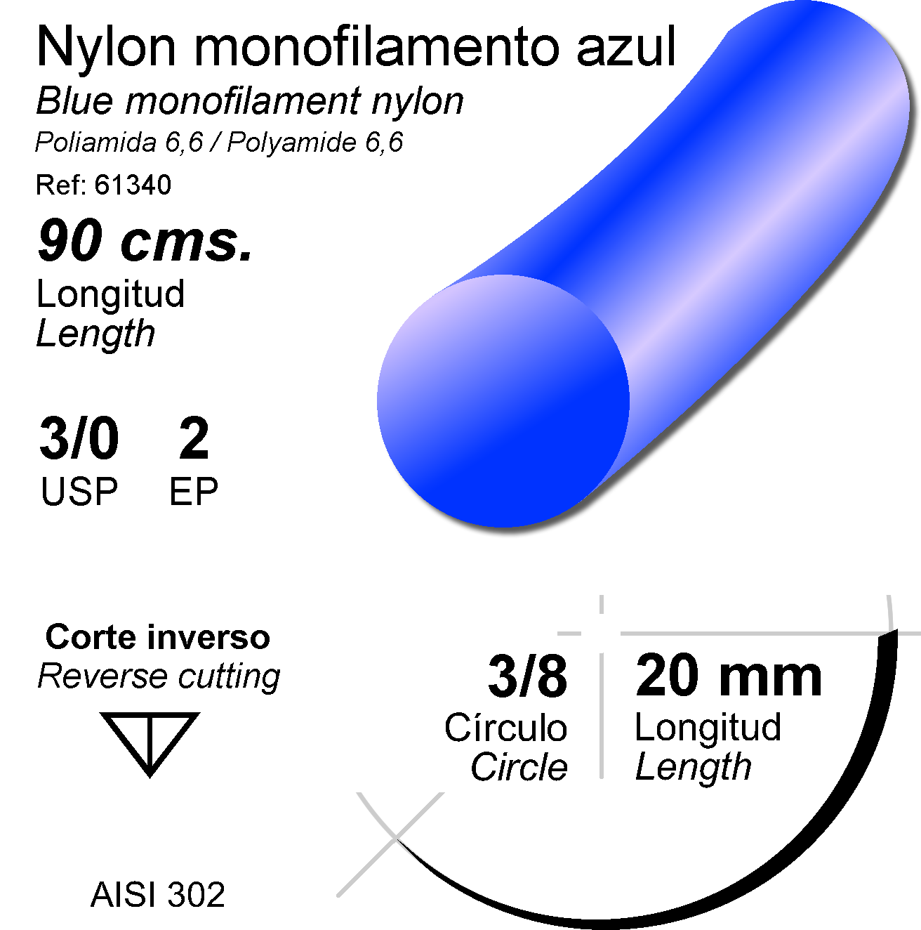 NYLON MONOFILAMENTO AZUL,3/0, 90 CMS 1AG. 3/8 CIRC.TRIANG. 20MM (TB-15)